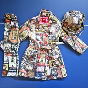 Oilily girl trench coat quilted lining, matching cotton pants hat size 128 patch